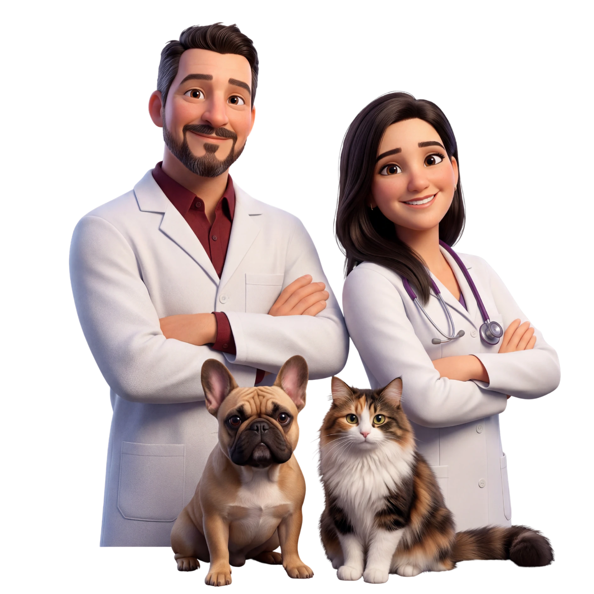 Equipe veterinária VetMais com cão e gato